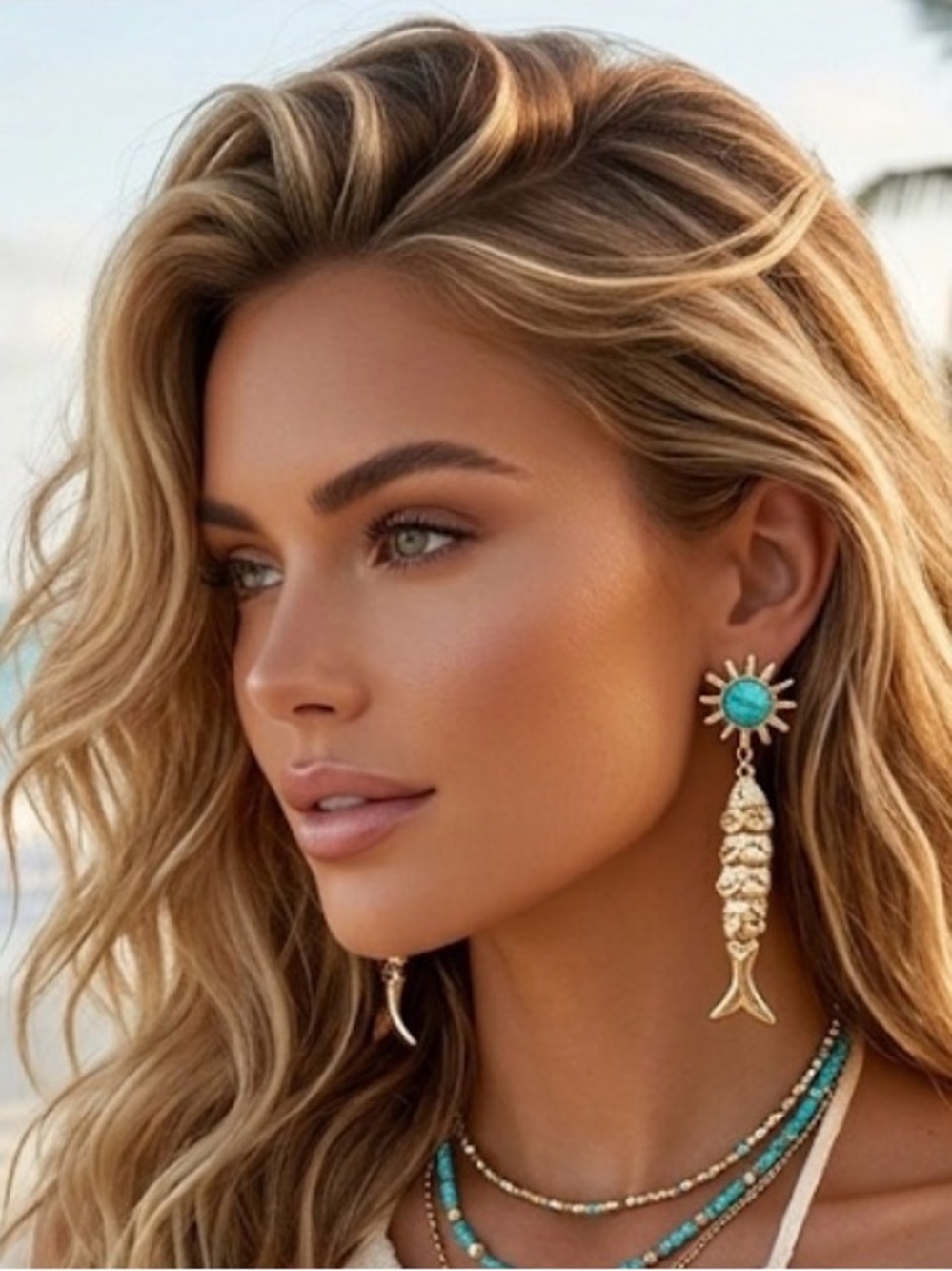 NWT ⚜️🩵⚜️ Piper K Reconstituted Turquoise Gold Toned Brass Fish Earrings